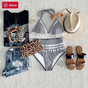 NWOT COCOSHIP Mesh Striped High Waist Bikini Set Tassel Trim Top Halter Swimsuit